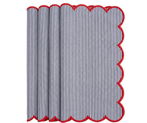 Set of blue and white striped cotton napkins with red edge trim, reusable cloth dinner napkins for weddings, holiday tables, and everyday dining.
