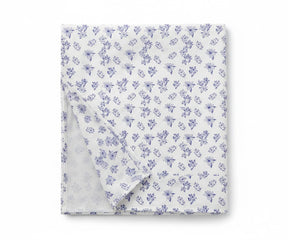 Deep pocket blue percale linen fitted sheet with floral print, secure fit for thick mattresses
