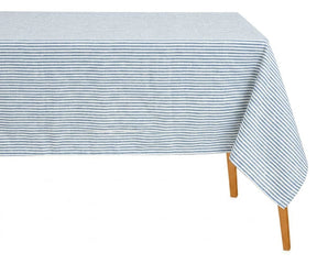 Rectangular blue and white horizontal striped cotton tablecloth on a wooden table with a white background.