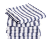 Blue and white striped cotton kitchen towels folded neatly on a counter