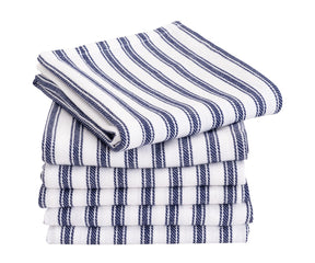 Blue and white striped cotton kitchen towels folded neatly on a counter