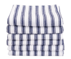 100% cotton dish towels with classic blue and white stripe pattern