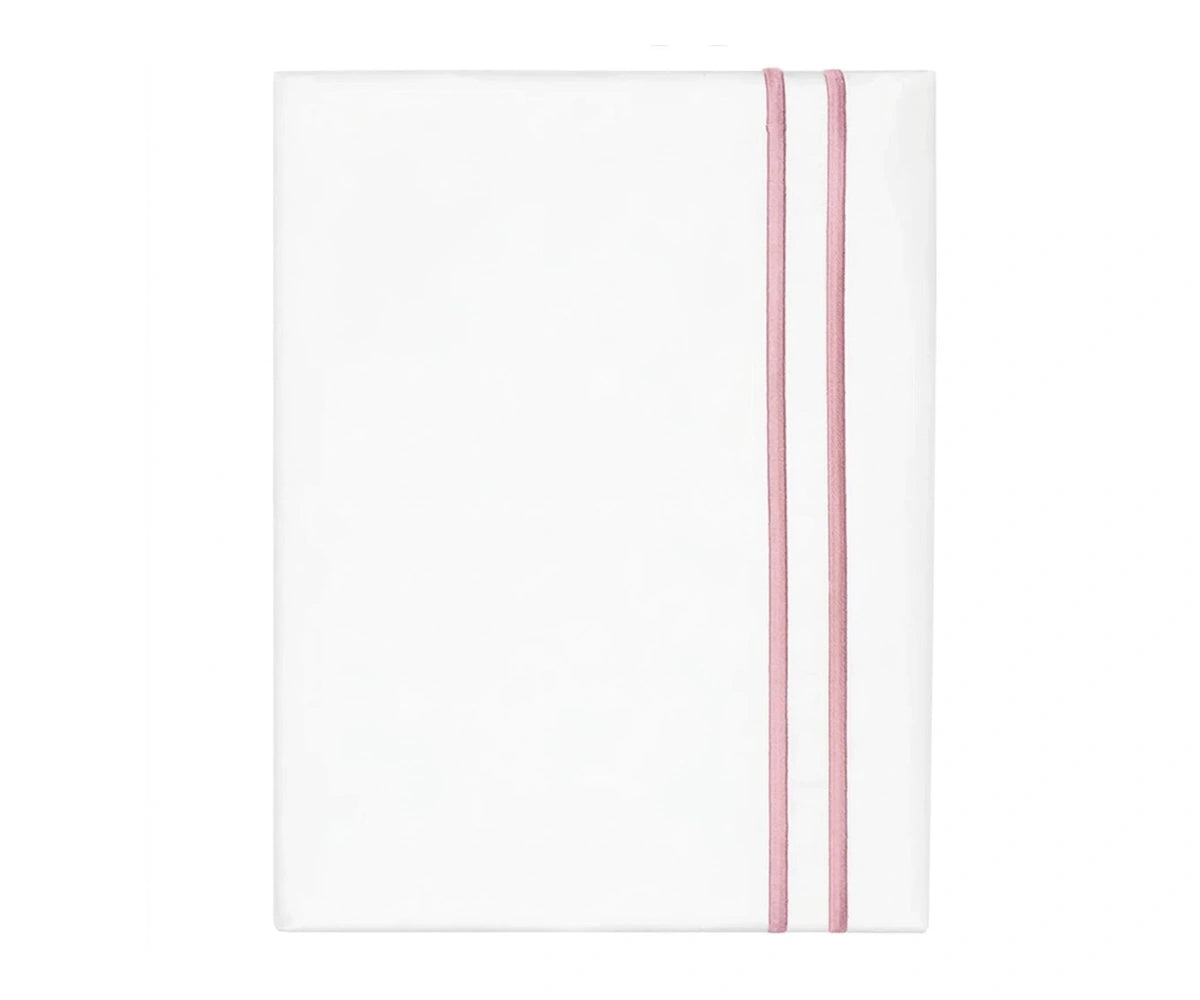 Neatly folded white cotton flat sheet accented with a subtle blush pink double-line embroidered border against a white background.