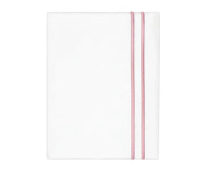 Neatly folded white cotton flat sheet accented with a subtle blush pink double-line embroidered border against a white background.