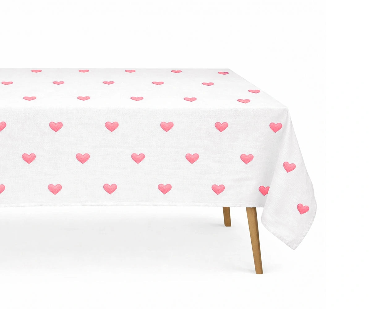 Blush pink heart printed rectangle tablecloth in cotton, romantic and elegant Valentine’s Day table decoration
