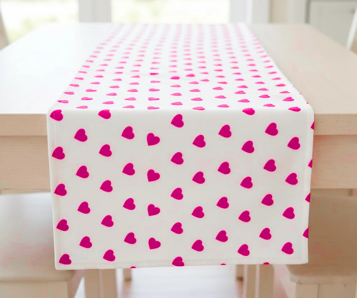 Cotton table runner with blush pink heart embroidery, delicate Valentine’s Day table linen