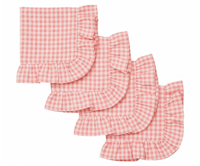 Pink gingham ruffle cloth napkins set of reusable cotton checkered table napkins with scalloped edge