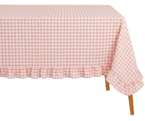 Breathable cotton gingham tablecloth with ruffle detail creating a cozy and inviting dining setup