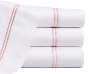 blush pink embroidered flat sheet cotton percale soft pink bedding double line stitch hotel style flat sheet