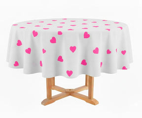 Blush pink heart printed round cotton tablecloth, soft romantic table décor for weddings and special occasions