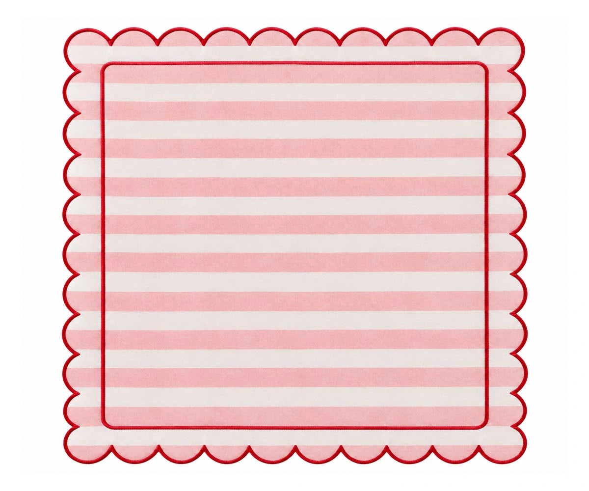 Blush pink white cabana stripe scalloped cloth napkin with red edging for spring dining, celebrations, and elegant table settings