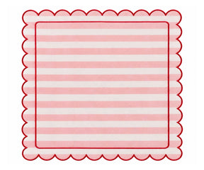Blush pink white cabana stripe scalloped cloth napkin with red edging for spring dining, celebrations, and elegant table settings