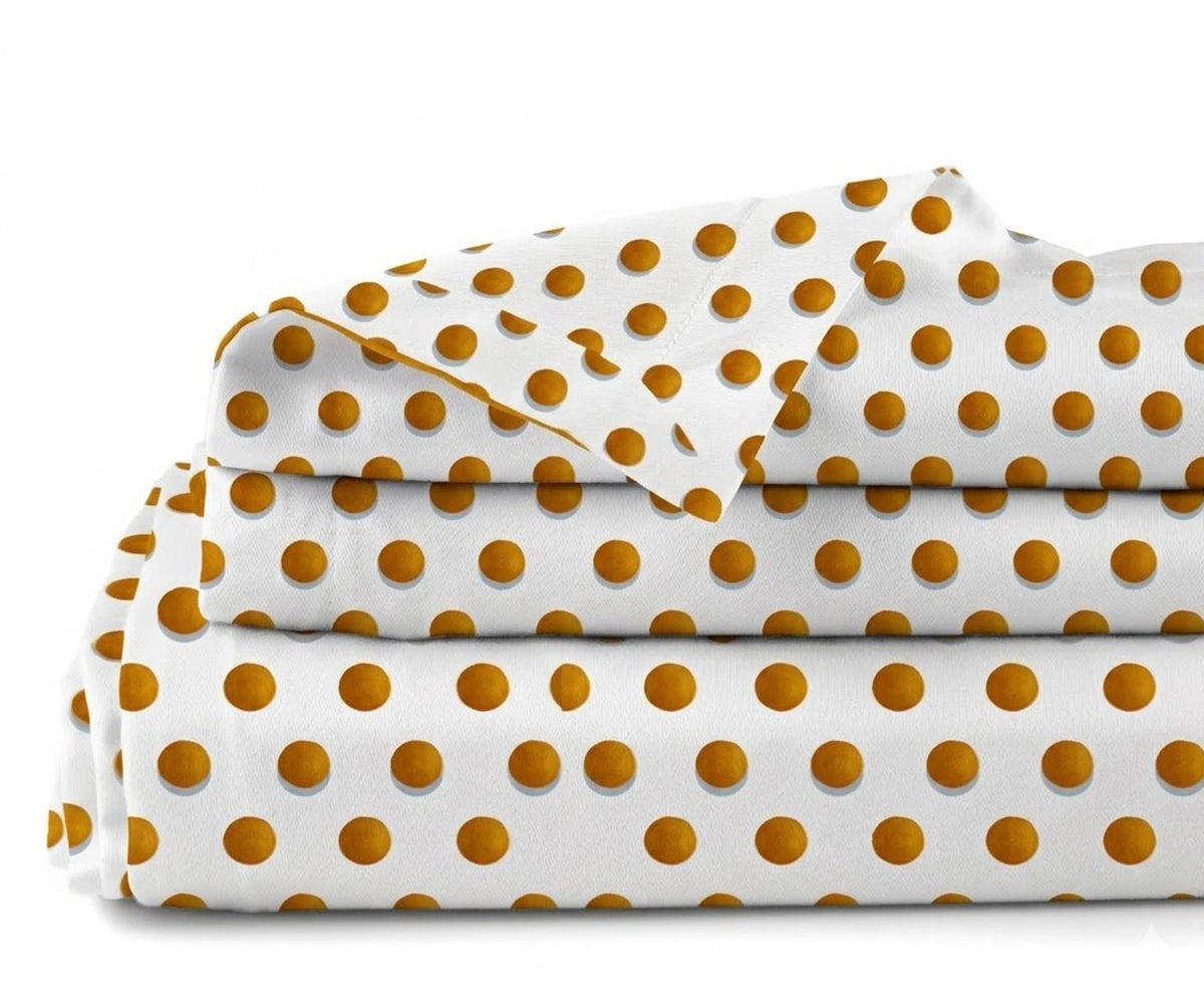 mustard yellow polka dot linen sheet set with small dotted print, modern minimalist linen bedding, breathable flax linen sheets for queen and king size beds