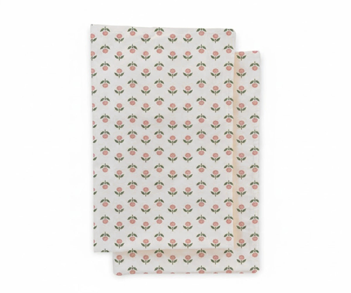 Deep pocket percale linen fitted sheet in pink floral print, secure fit for thick and standard mattresses