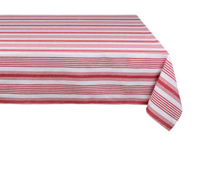 Red striped cotton tablecloth styled for festive dining, classic French-inspired table setting