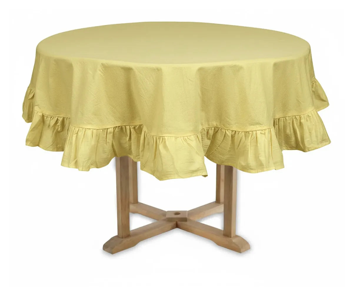Lemon yellow ruffled cotton round tablecloth for bright summer tables and cheerful celebrations