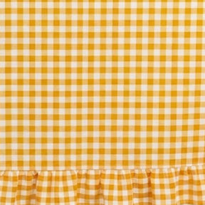 Fabric swatch of cotton gingham tablecloth showing breathable weave and soft texture up close