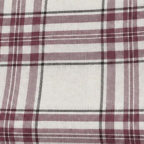 Close-up fabric swatch of off-white woven cotton fabric with a burgundy and black tartan plaid check pattern.