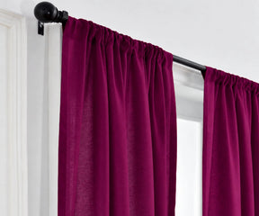 Burgundy linen curtains for luxury living room and bedroom décor, rich dark red window drapes with farmhouse and modern interior style keywords.