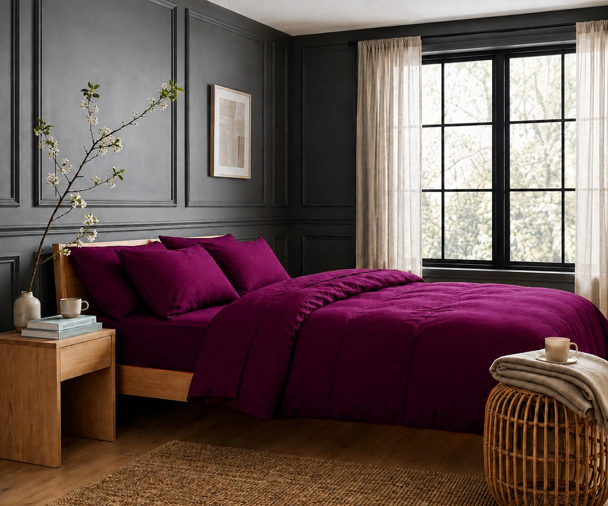 Burgundy linen duvet cover set for elegant luxury bedroom styling with breathable natural flax linen fabric
