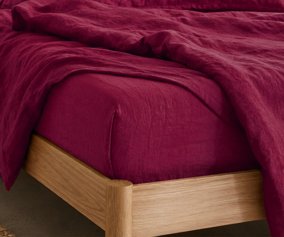 burgundy linen fitted sheet crafted from premium flax linen for breathable year-round comfort