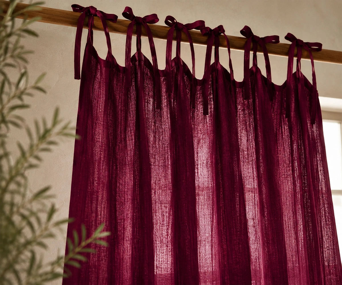 Burgundy Tie Top Linen Curtains featuring natural European flax linen with a soft drape. Light filtering linen curtain panels for rustic, farmhouse, and contemporary homes.