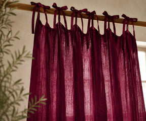 Burgundy Tie Top Linen Curtains featuring natural European flax linen with a soft drape. Light filtering linen curtain panels for rustic, farmhouse, and contemporary homes.