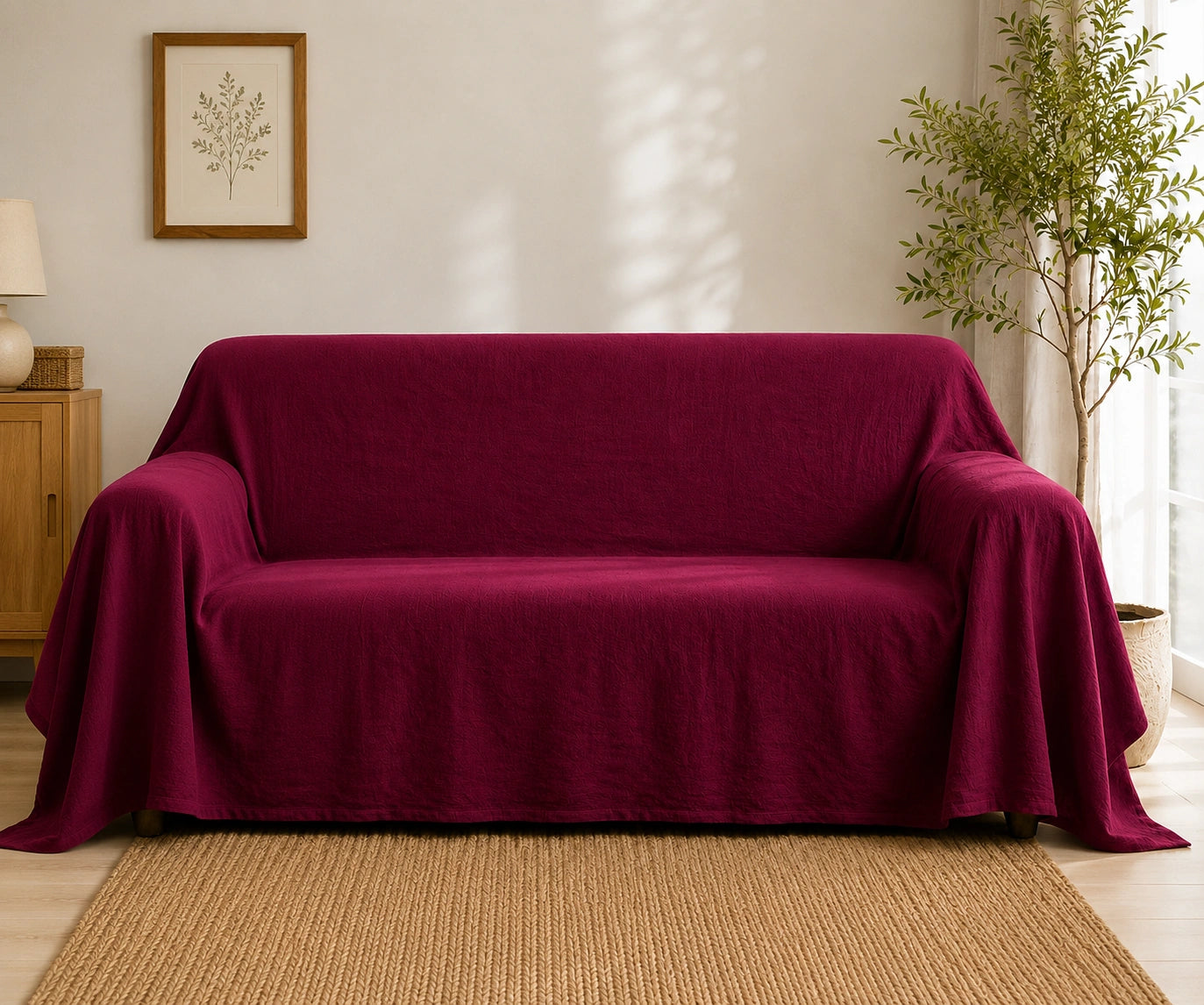 Burgundy solid cotton linen couch cover creates a warm, sophisticated look while helping protect sofas from everyday use