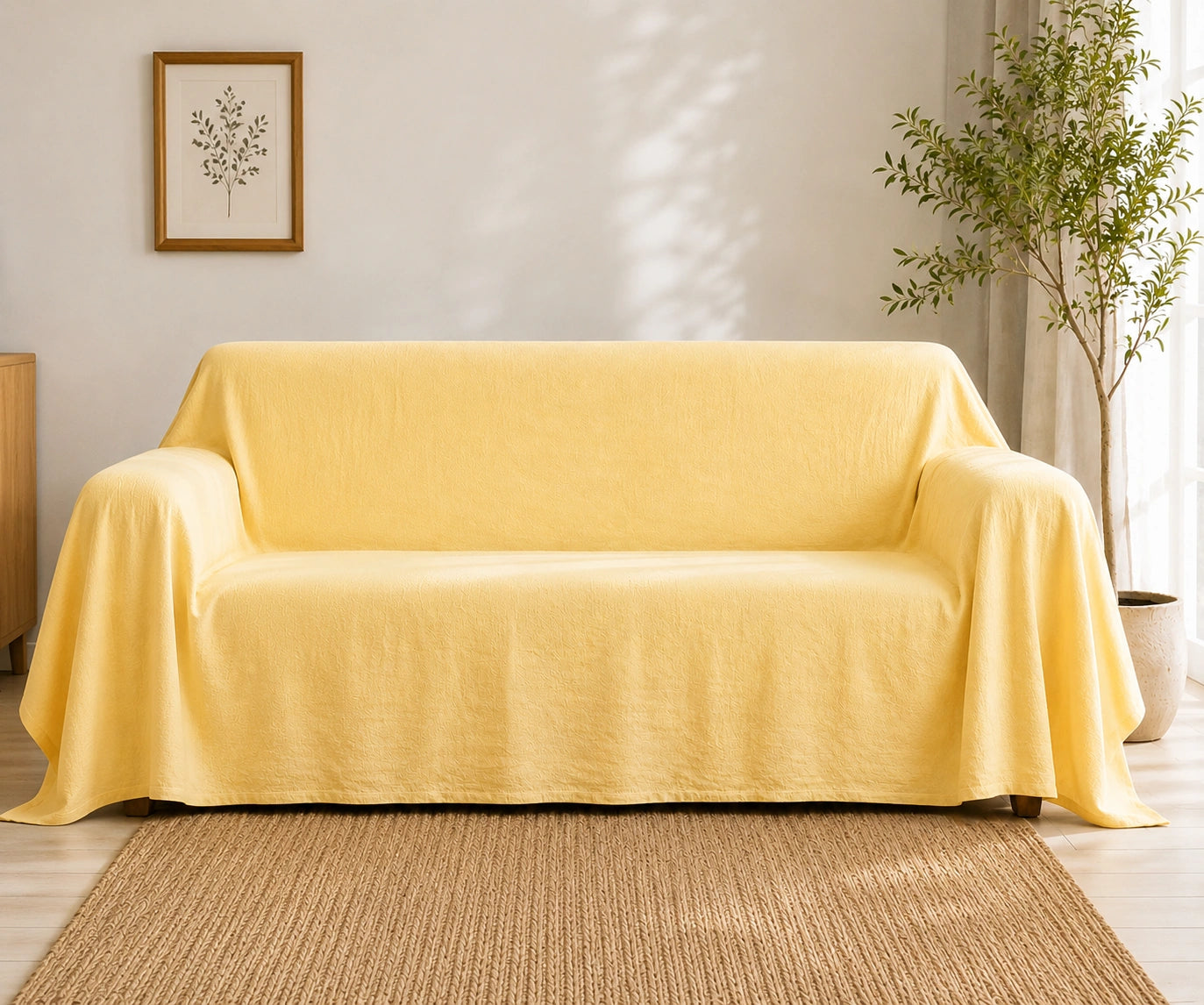 Butter yellow solid cotton linen sofa cover adds a warm decorative accent while helping refresh and protect everyday couches and sofas