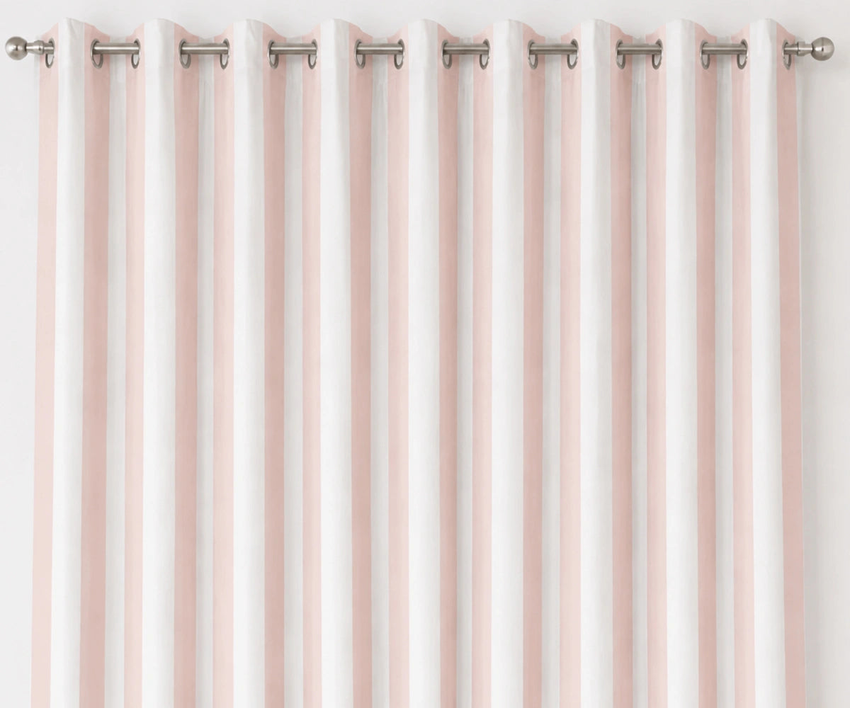 Blush cotton cabana stripe curtains with bold vertical stripes and a soft, washable design for bedroom and living room windows.
