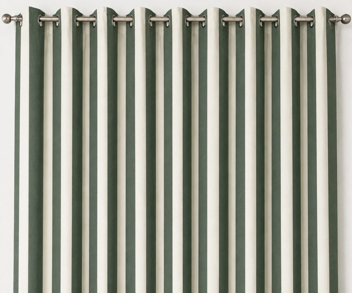 Forest green vertical striped curtains crafted from breathable 100% cotton for stylish bedroom, dining room, and living room windows