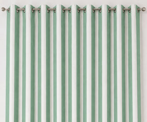 Green cotton cabana stripe curtains with a timeless striped design for farmhouse kitchens, coastal living rooms, cottage bedrooms, and modern rustic home decor.