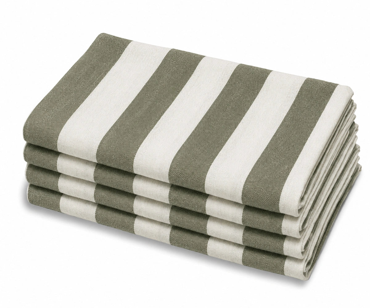 Olive Green Reusable Cotton Napkins with Classic Cabana Stripes, Durable Cloth Dinner Napkins for Holiday Meals and Everyday Use