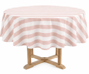 Blush pink and white striped 60-inch round cotton tablecloth for dining table