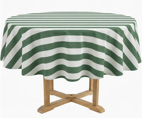 Round cotton tablecloth with classic cabana stripe pattern on a dining table, suitable for everyday meals, farmhouse décor, and special occasions.