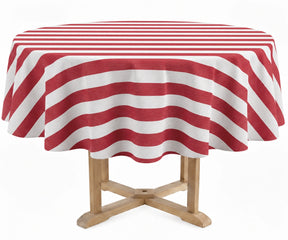 A round table covered with a red and white striped tablecloth, shown on a light wood pedestal against a plain white background.
