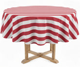 A round table covered with a red and white striped tablecloth, shown on a light wood pedestal against a plain white background.