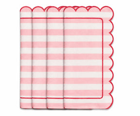 Blush pink and white striped cloth napkin with scalloped edges and red trim for romantic table decor