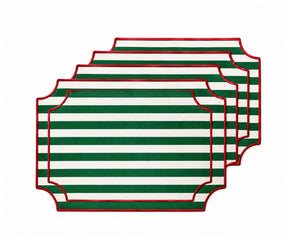 Christmas green and white striped cotton placemat with red piping, holiday striped placemat for dining table and Christmas table setting