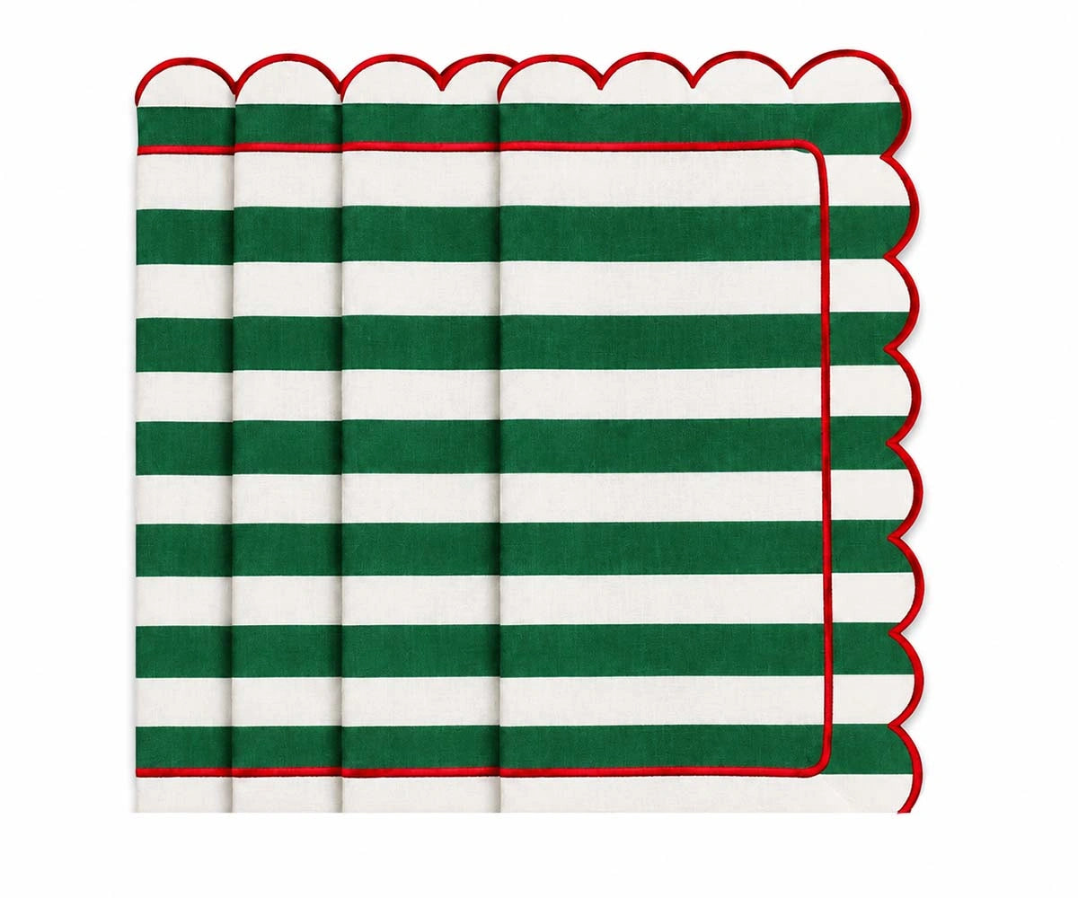 Christmas green and red striped cotton cloth napkin with scalloped edges, reusable festive fabric napkin for holiday dining table settings and seasonal decor