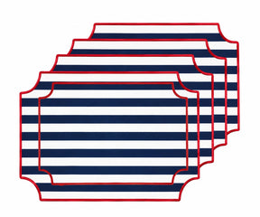 Navy blue and white striped cotton placemats with red piping, nautical dining table placemats for coastal farmhouse and everyday table setting