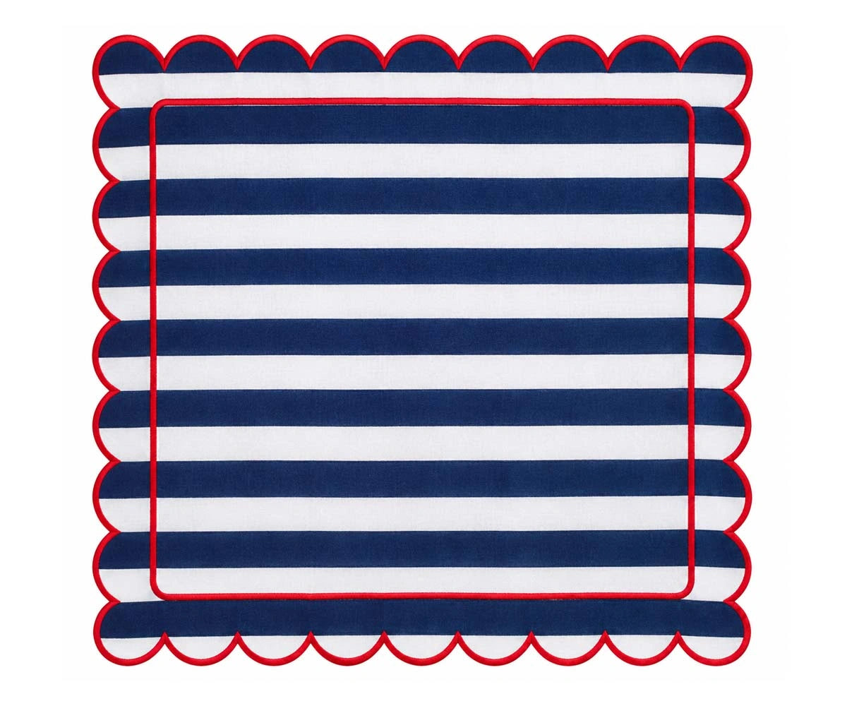 Navy and white striped cloth napkin with scalloped edges and red trim for coastal dining table decor