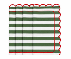 Forest green striped dinner napkin with red edging, decorative table napkin for family dinners, holiday gatherings, dinner parties, brunches, and entertaining guests