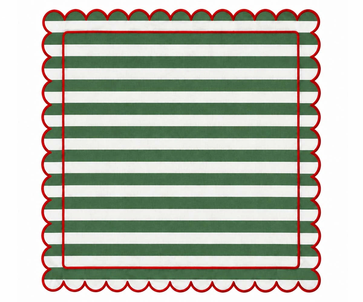 Forest green and red striped cotton cloth napkin with scalloped trim, reusable fabric dinner napkin for elegant dining tables, everyday meals, and special occasions