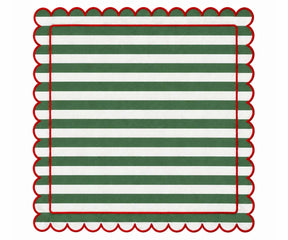 Forest green and red striped cotton cloth napkin with scalloped trim, reusable fabric dinner napkin for elegant dining tables, everyday meals, and special occasions