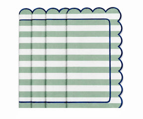 Green striped table napkin with navy blue border, decorative dining accessory for brunch, casual dinners, family meals, outdoor entertaining, and special occasions