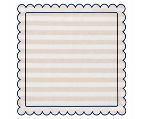 Ivory white cabana stripe scalloped cloth napkin with navy edging for coastal dining and sophisticated table settings