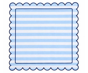 Light blue white cabana stripe scalloped cloth napkin with navy edging for summer dining and beach-inspired table settings