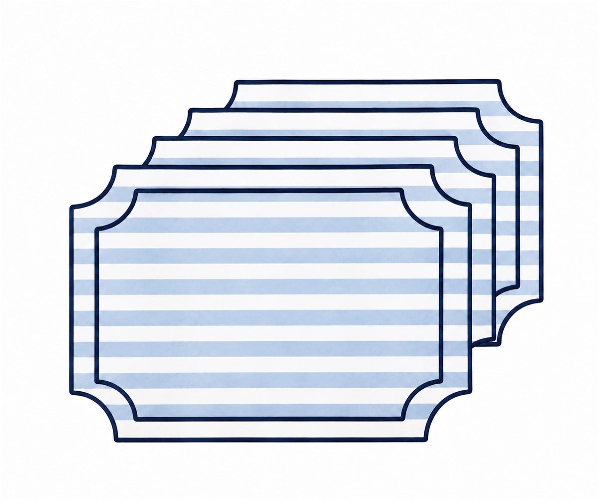 Light blue and white striped cotton placemat with navy piping, coastal striped placemat for dining table, kitchen table decor