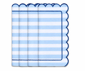 Light blue and white striped cloth napkin with scalloped edges and navy trim for coastal table decor